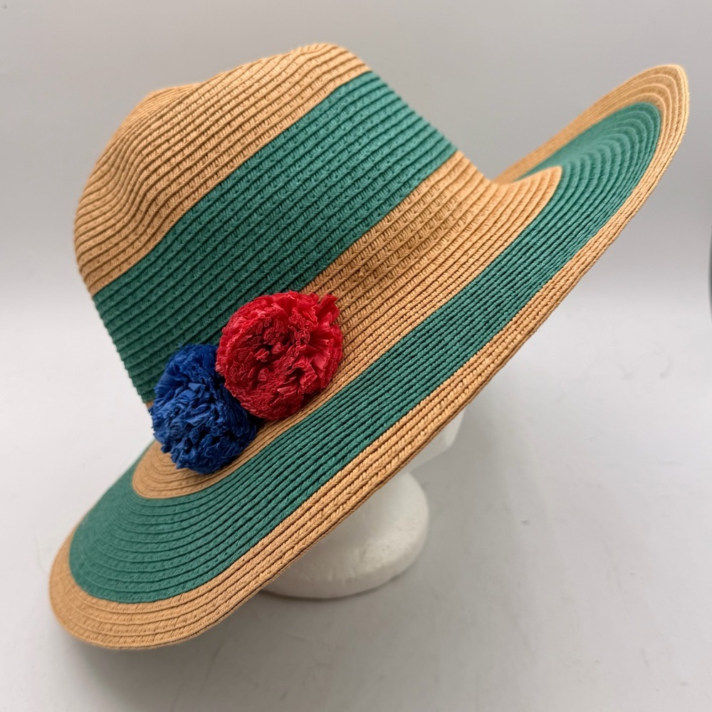 Wide Brim Straw Style Sun Hat with Pom Pom Accent – 56 cm